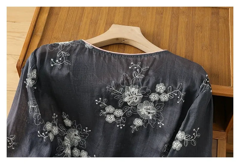 Embroidered Cotton Linen Three Quarter Sleeve Shirt - detail view