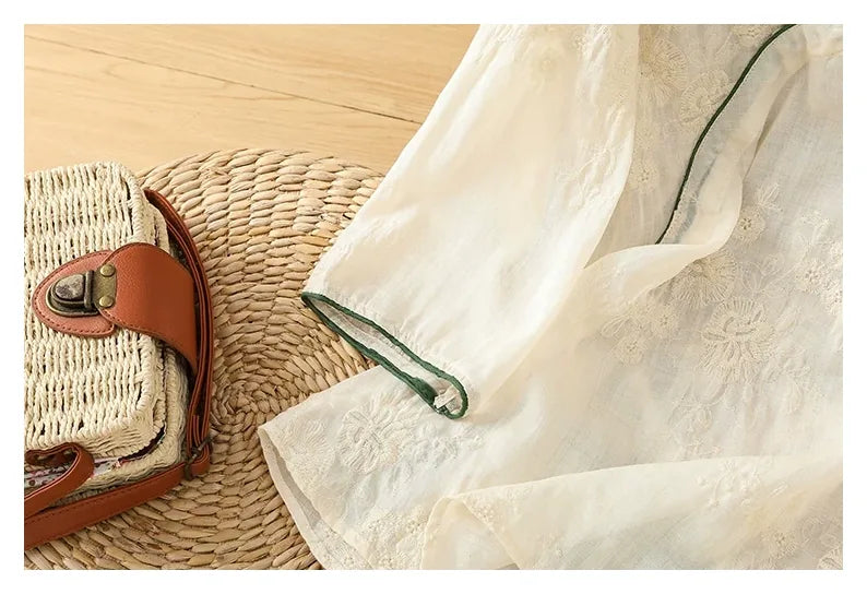 Embroidered Cotton Linen Three Quarter Sleeve Shirt - detail view