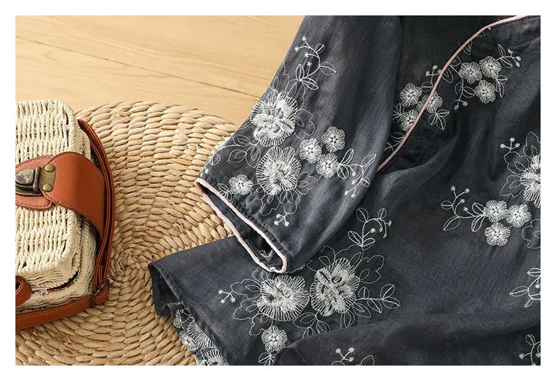 Embroidered Cotton Linen Three Quarter Sleeve Shirt - detail view