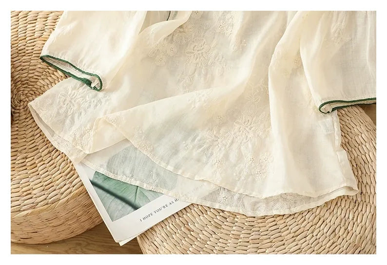 Embroidered Cotton Linen Three Quarter Sleeve Shirt - detail view