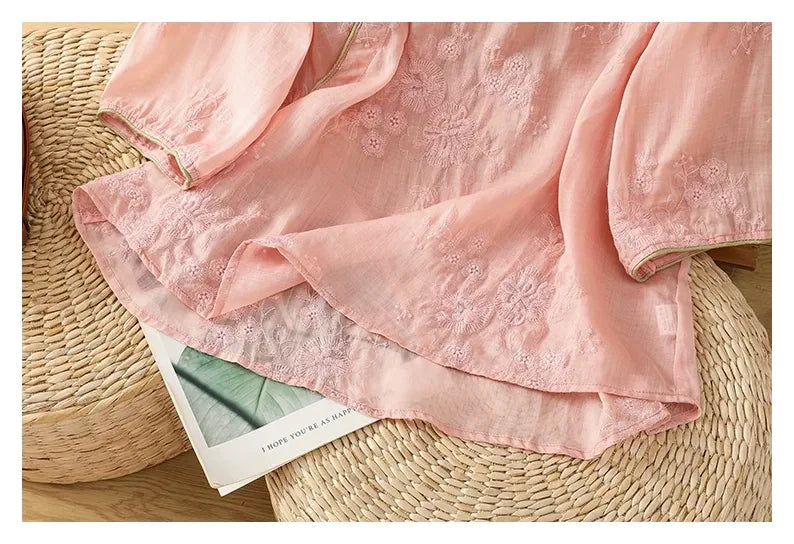 Embroidered Cotton Linen Three Quarter Sleeve Shirt - detail view