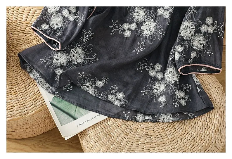 Embroidered Cotton Linen Three Quarter Sleeve Shirt - detail view