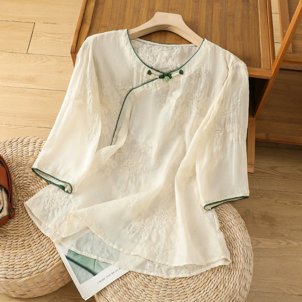 Embroidered Cotton Linen Three Quarter Sleeve Shirt - product view view