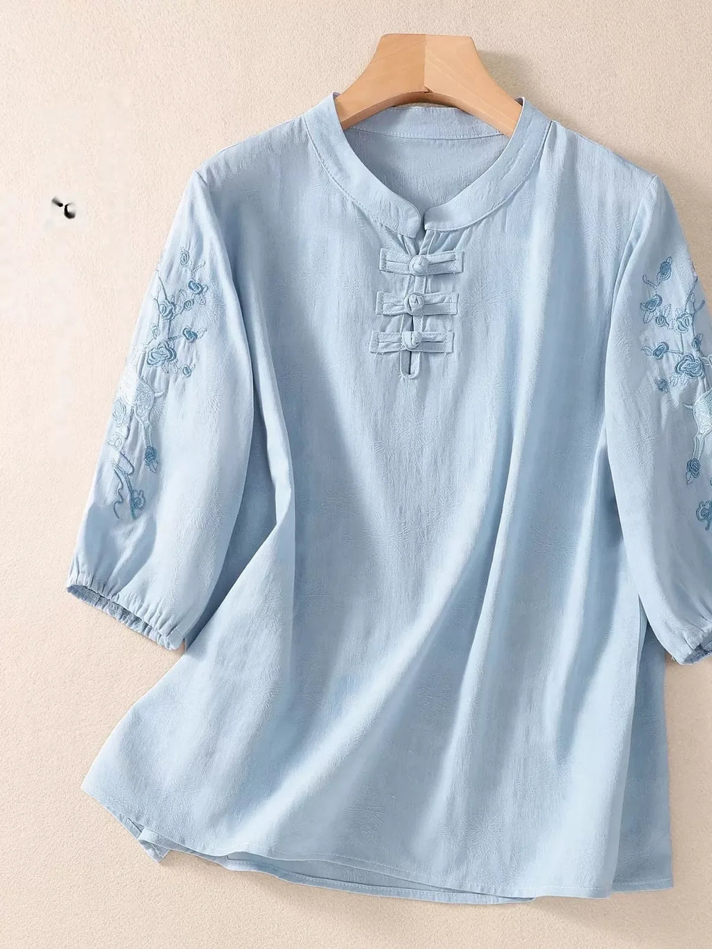 Embroidered Deer-and-Floral Sleeve Shirt, Decorative Knot Placket