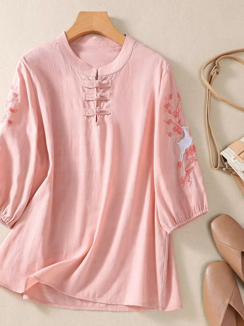 Embroidered Deer-and-Floral Sleeve Shirt, Decorative Knot Placket