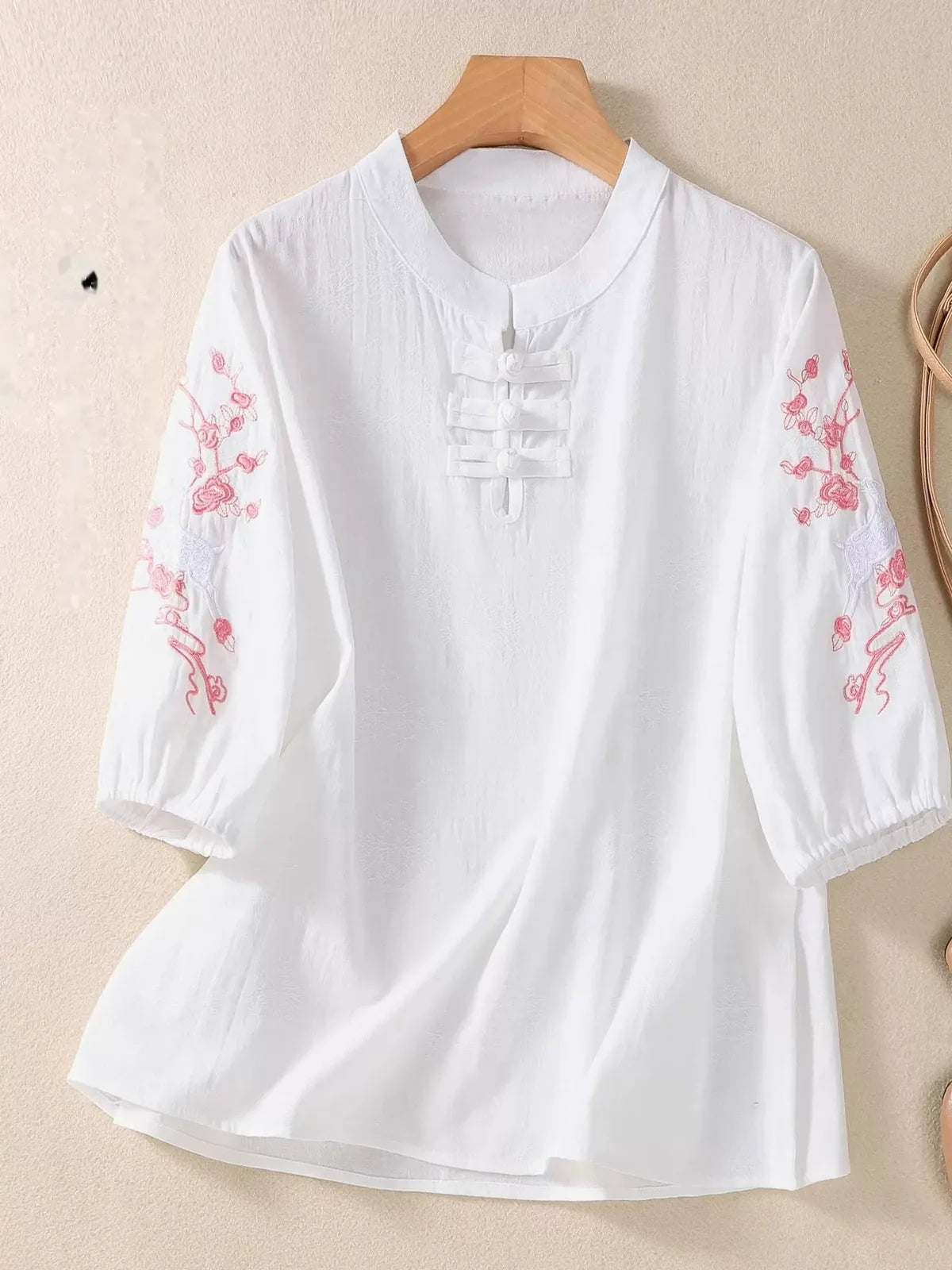 Embroidered Deer-and-Floral Sleeve Shirt, Decorative Knot Placket