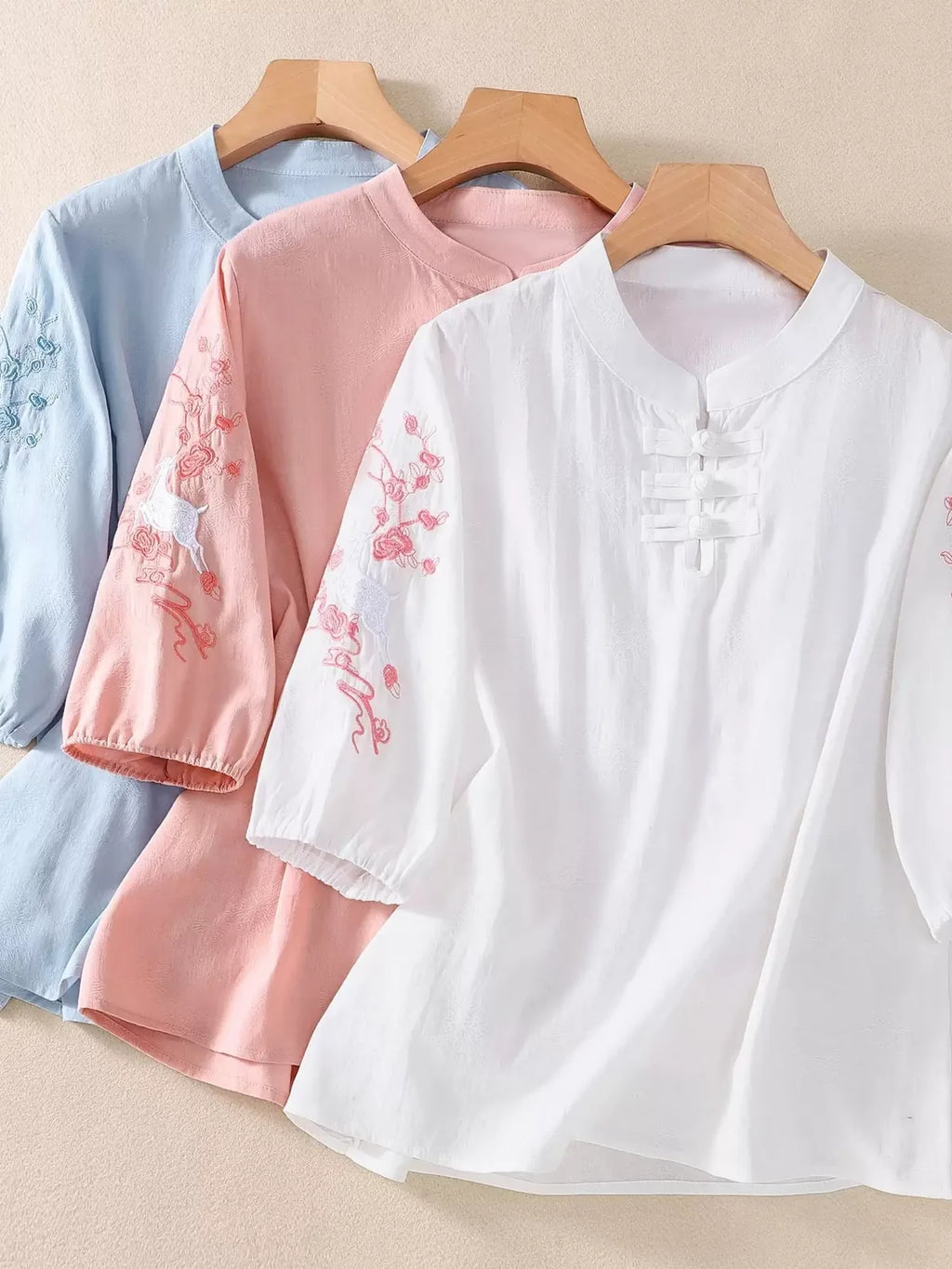 Embroidered Deer-and-Floral Sleeve Shirt, Decorative Knot Placket