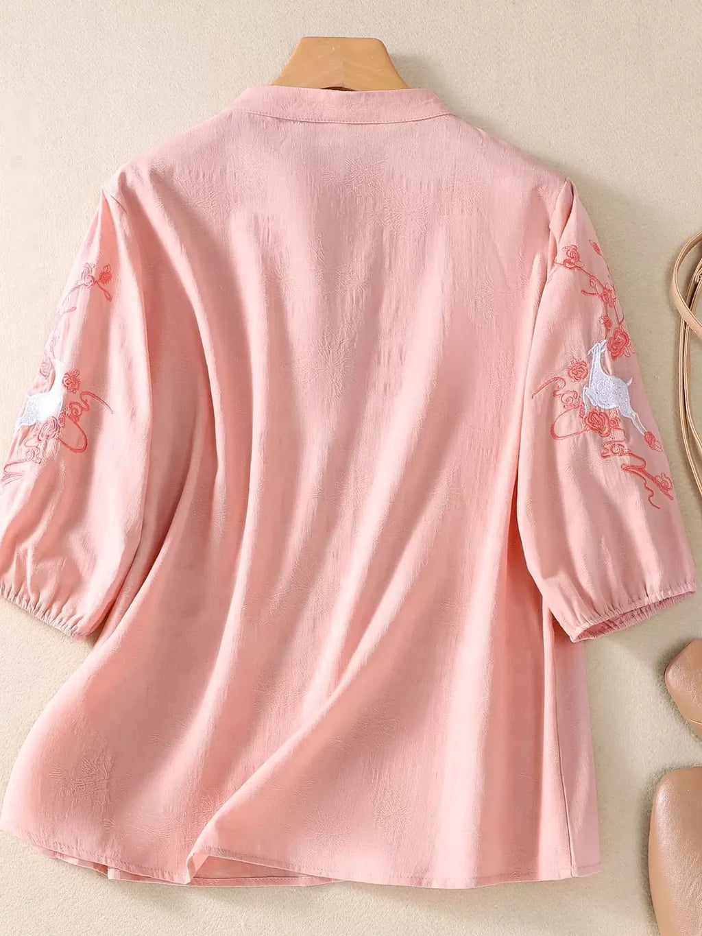 Embroidered Deer-and-Floral Sleeve Shirt, Decorative Knot Placket