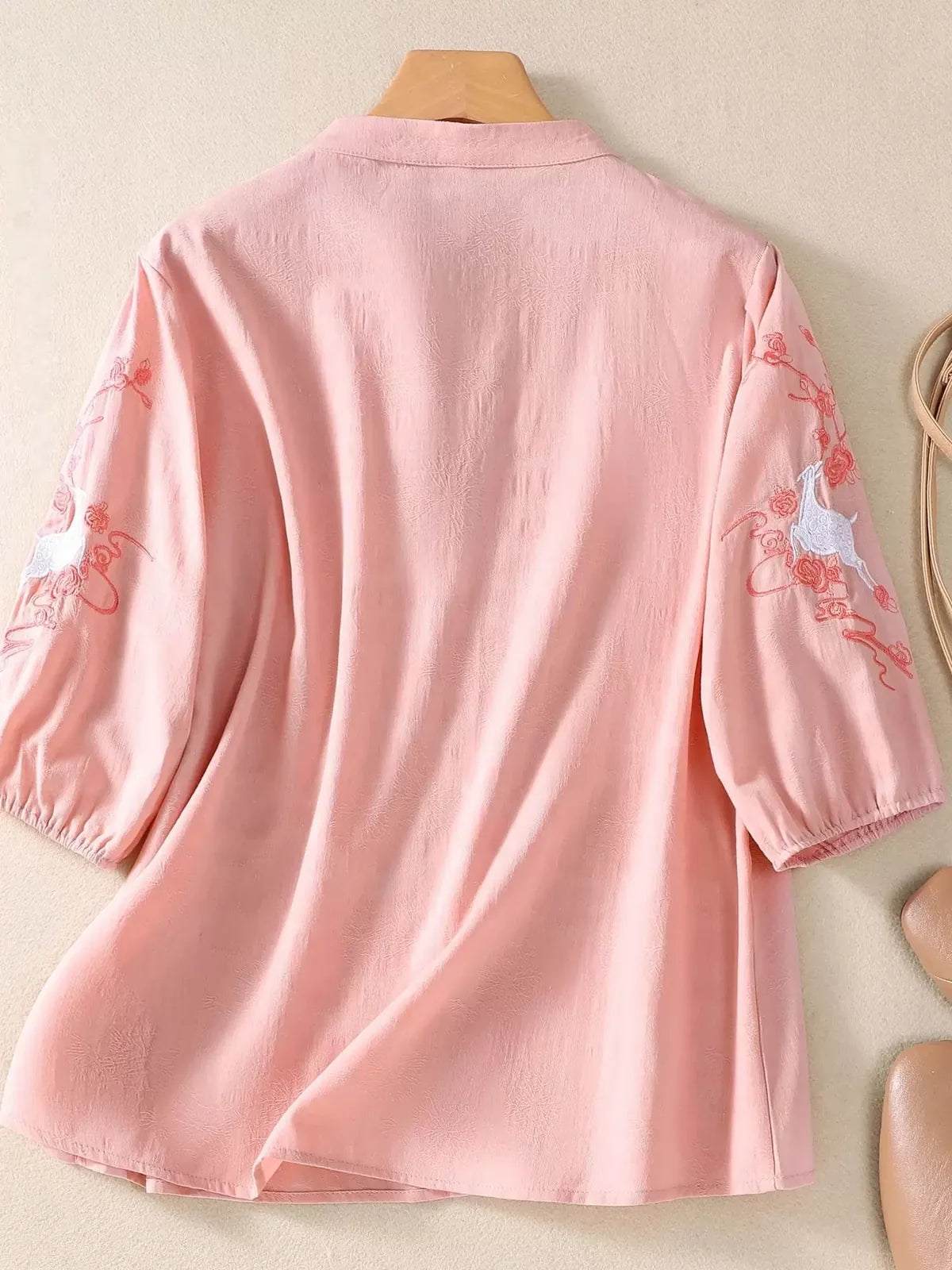 Embroidered Deer-and-Floral Sleeve Shirt, Decorative Knot Placket