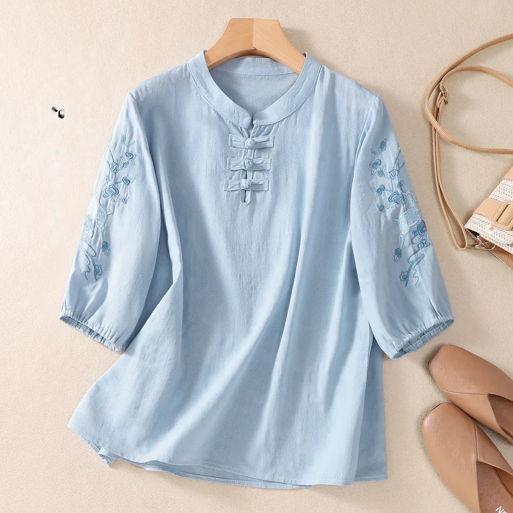 Embroidered Deer-and-Floral Sleeve Shirt, Decorative Knot Placket - Blue