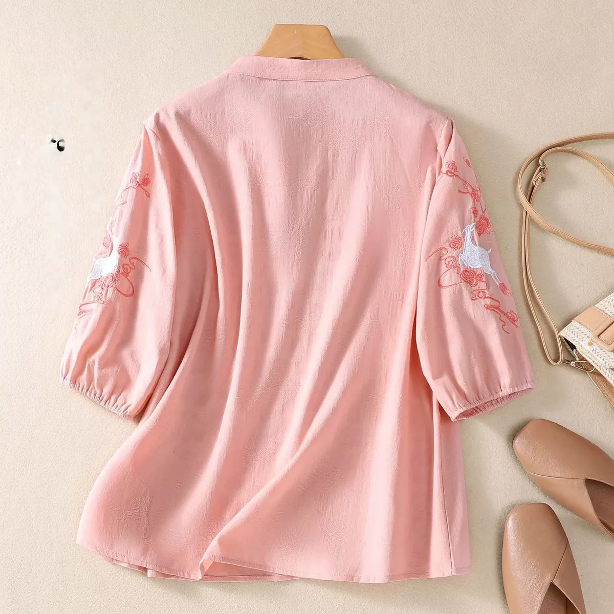 Embroidered Deer-and-Floral Sleeve Shirt, Decorative Knot Placket - Mauve