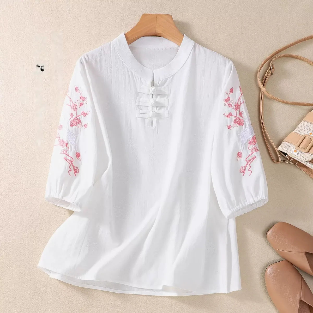 Embroidered Deer-and-Floral Sleeve Shirt, Decorative Knot Placket - White