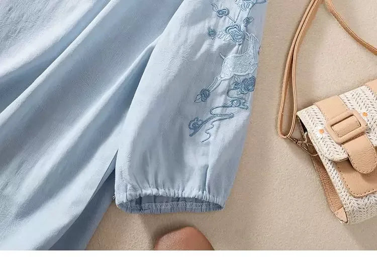 Embroidered Deer-and-Floral Sleeve Shirt, Decorative Knot Placket