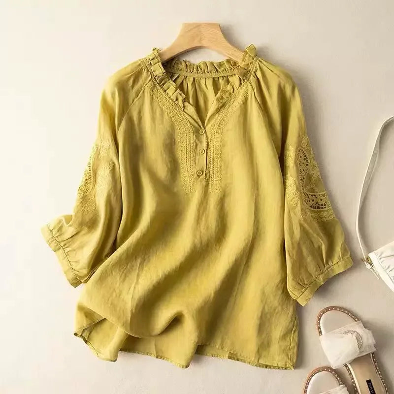 Embroidered Eyelet Lace Trim Half Sleeve Shirt - color option view