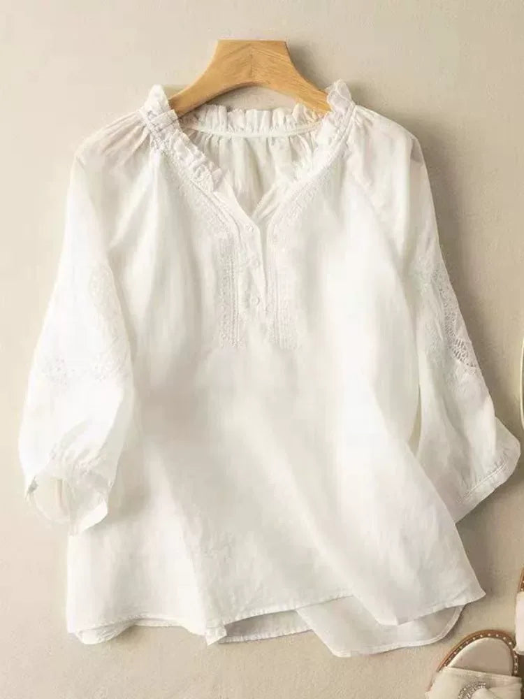 Embroidered Eyelet Lace Trim Half Sleeve Shirt - product view view