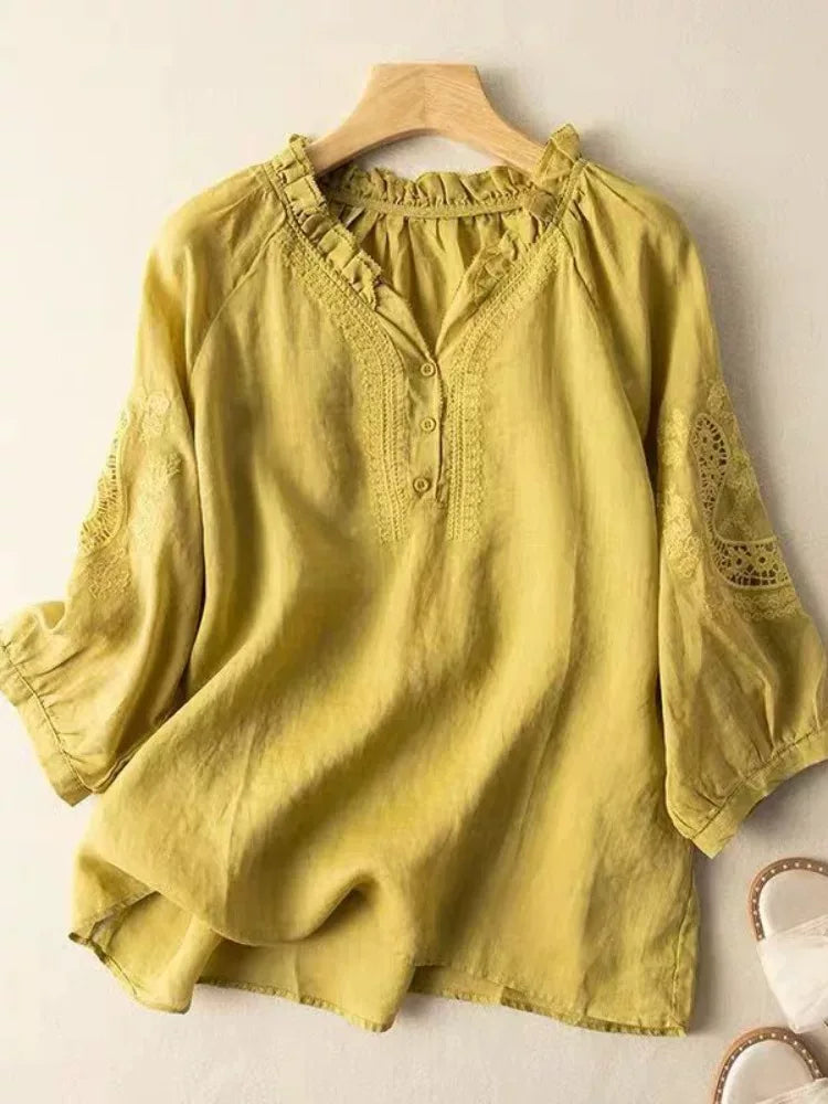 Embroidered Eyelet Lace Trim Half Sleeve Shirt - product view view