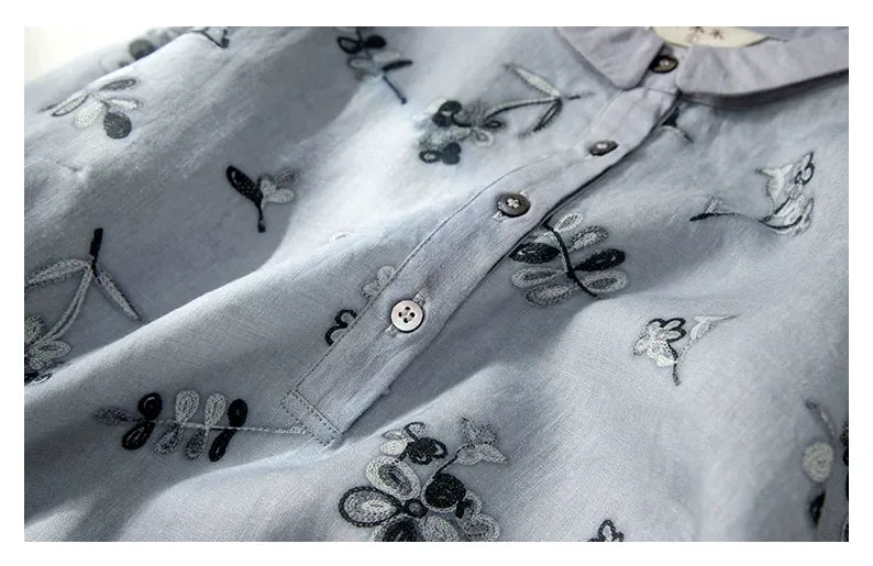 Embroidered Floral Cotton Linen Half Sleeve Midi Dress - detail view