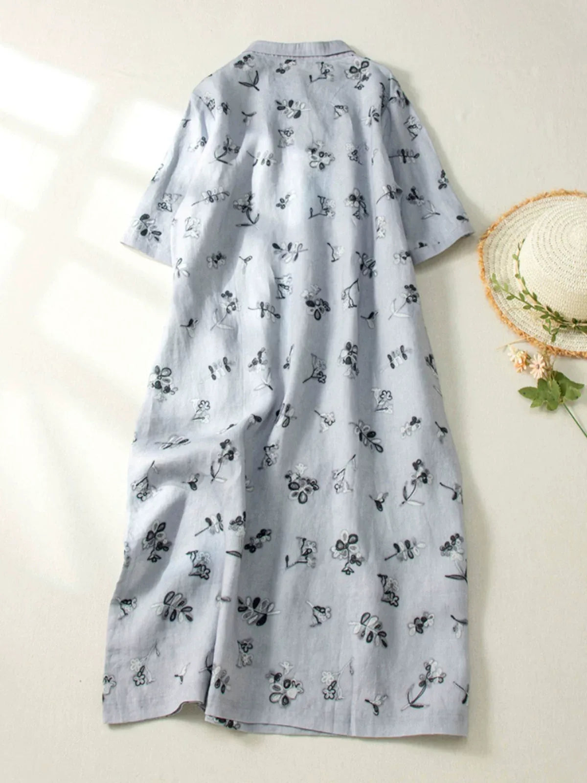 Embroidered Floral Cotton Linen Half Sleeve Midi Dress - product view view