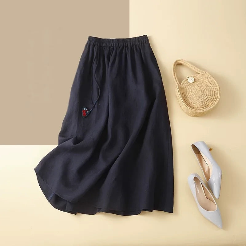 Embroidered Floral Pendant A-Line Midi Skirt, 100% Ramie - color option view