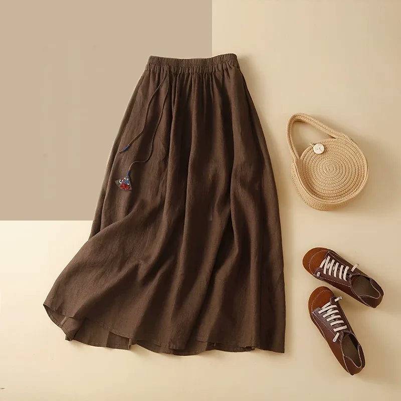 Embroidered Floral Pendant A-Line Midi Skirt, 100% Ramie - main product image