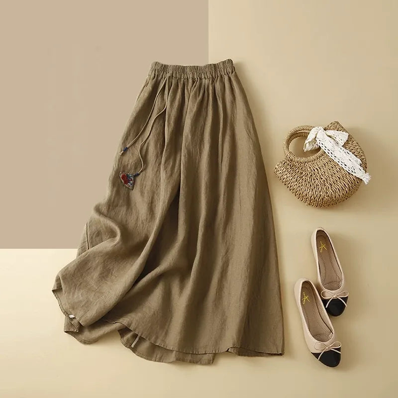 Embroidered Floral Pendant A-Line Midi Skirt, 100% Ramie - product view view