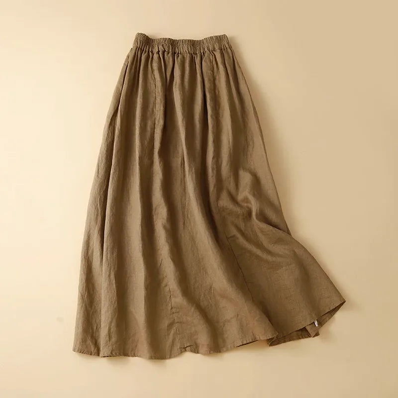 Embroidered Floral Pendant A-Line Midi Skirt, 100% Ramie - product view view