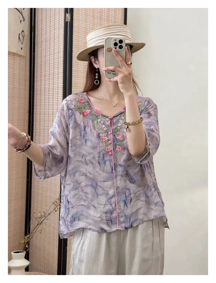 Embroidered Floral Print Half Sleeve Shirt - color option view