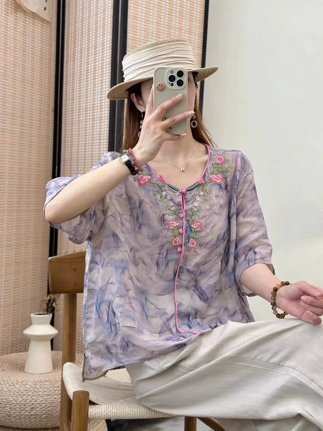 Embroidered Floral Print Half Sleeve Shirt - detail view