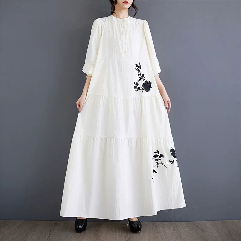 Embroidered Floral Stand Collar Tiered Maxi Dress
