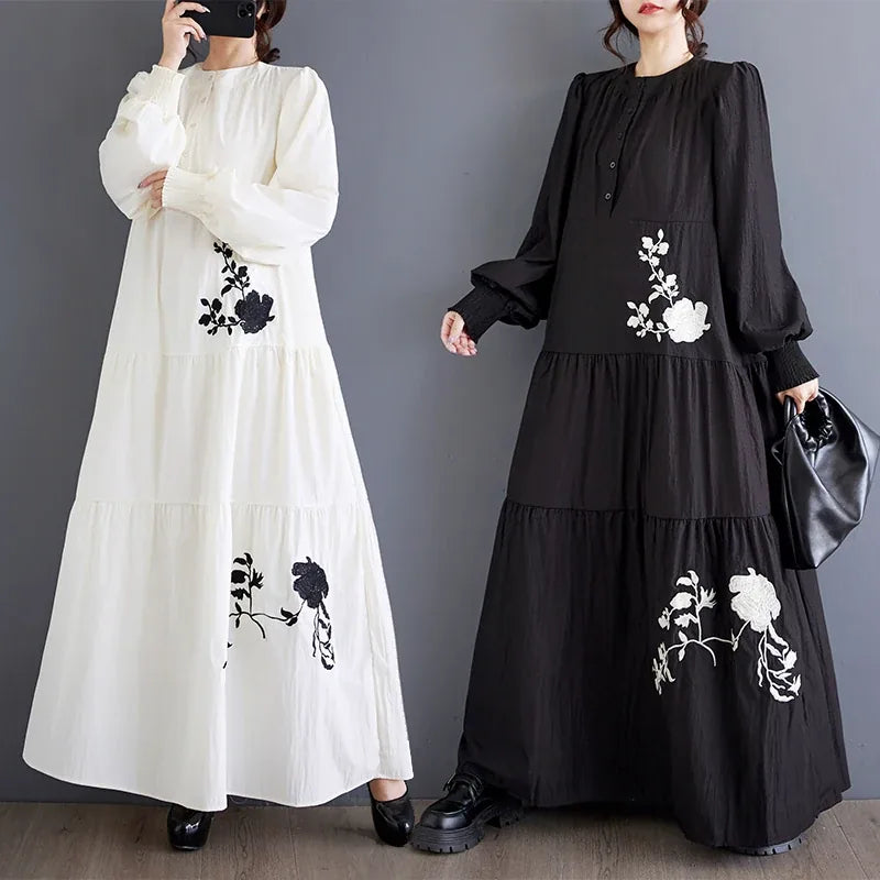 Embroidered Floral Stand Collar Tiered Maxi Dress