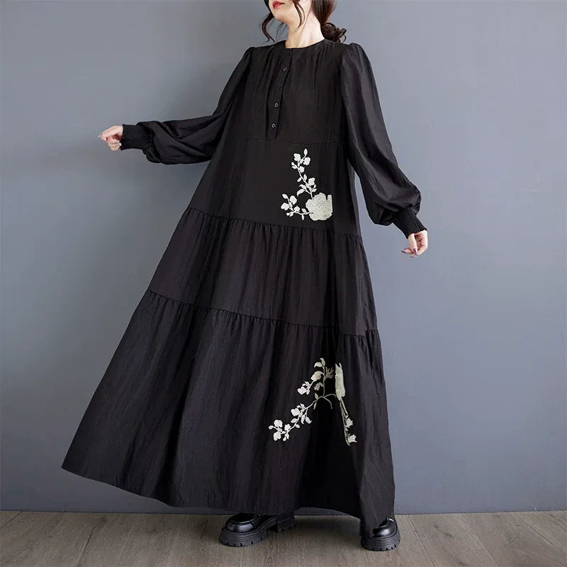 Embroidered Floral Stand Collar Tiered Maxi Dress