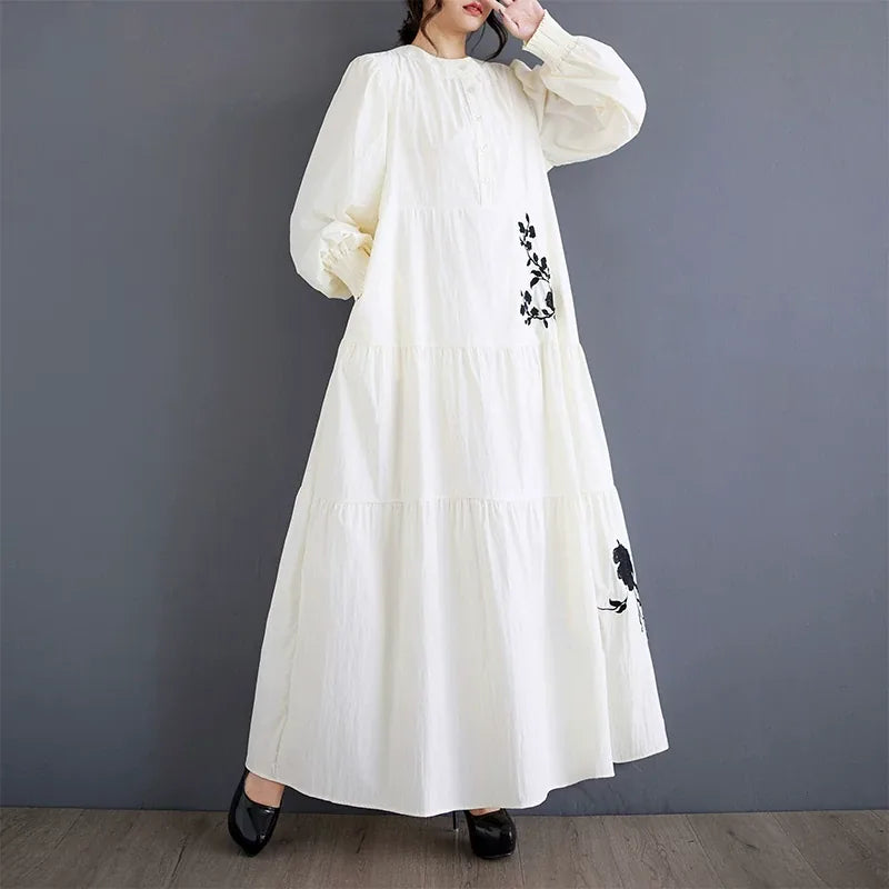 Embroidered Floral Stand Collar Tiered Maxi Dress