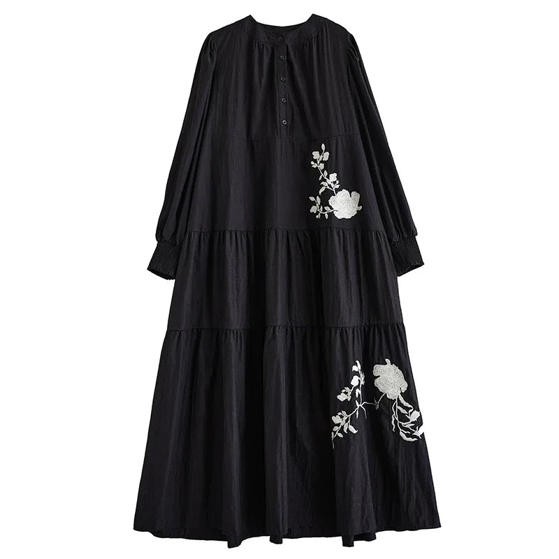 Embroidered Floral Stand Collar Tiered Maxi Dress