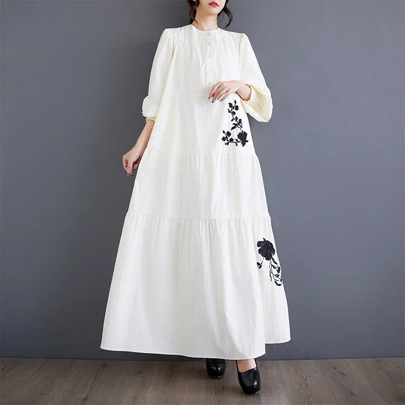 Embroidered Floral Stand Collar Tiered Maxi Dress