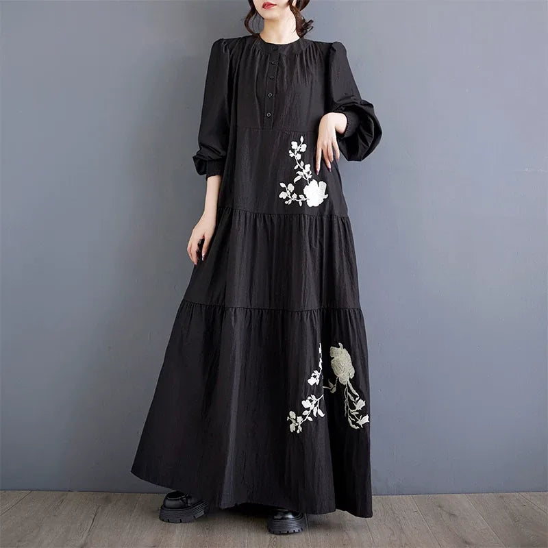 Embroidered Floral Stand Collar Tiered Maxi Dress