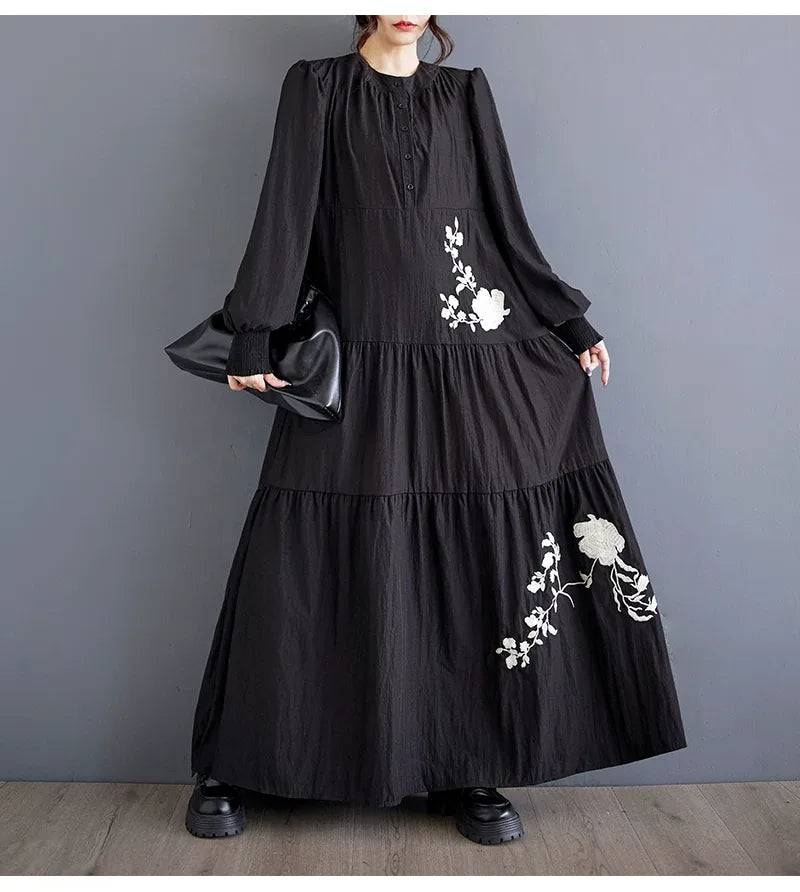 Embroidered Floral Stand Collar Tiered Maxi Dress
