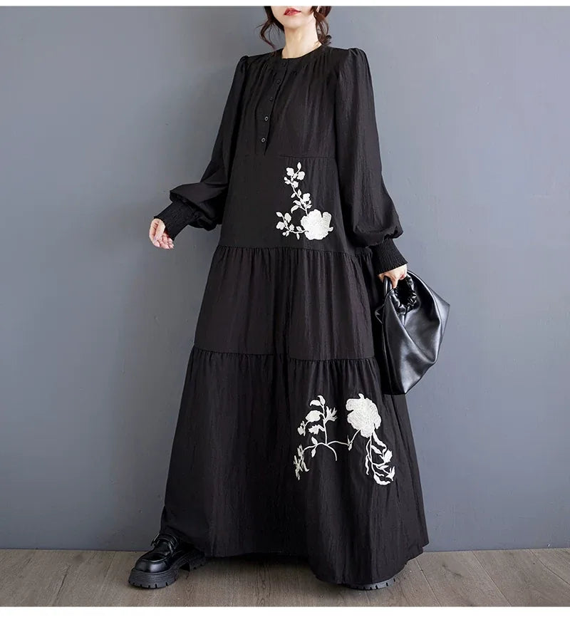 Embroidered Floral Stand Collar Tiered Maxi Dress