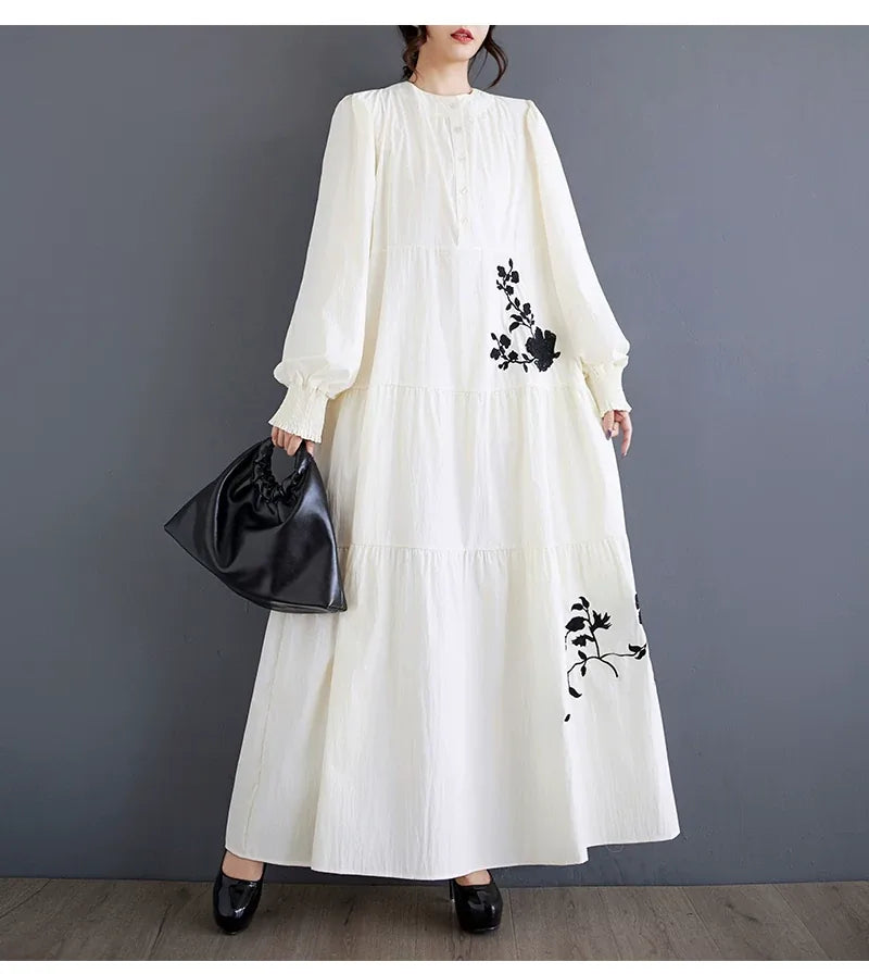 Embroidered Floral Stand Collar Tiered Maxi Dress