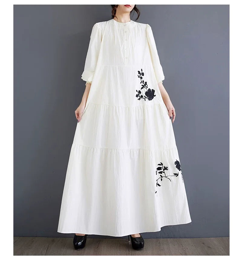 Embroidered Floral Stand Collar Tiered Maxi Dress