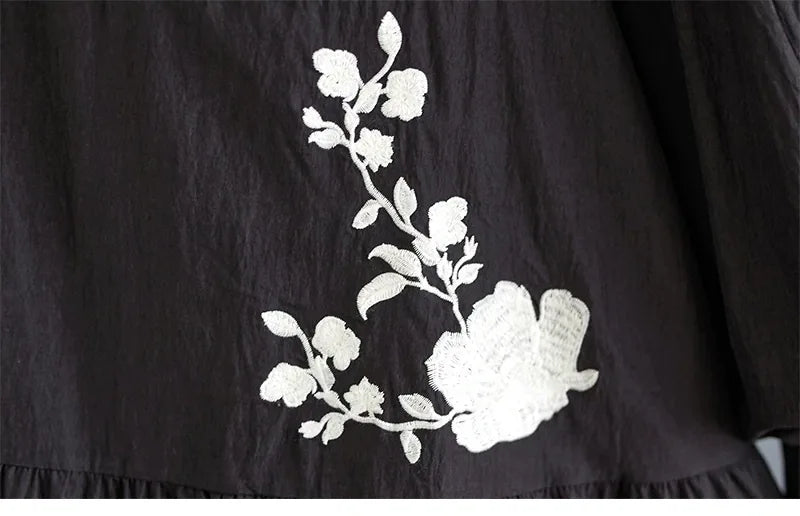 Embroidered Floral Stand Collar Tiered Maxi Dress
