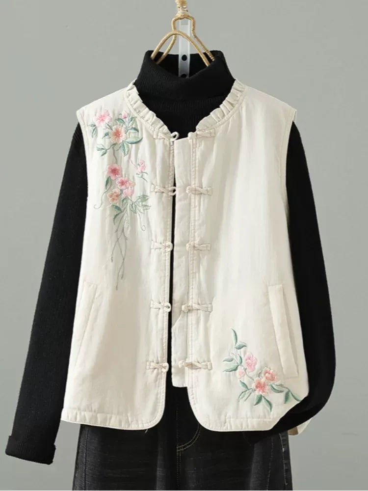 Embroidered Floral Vest with Ruffled Stand Collar