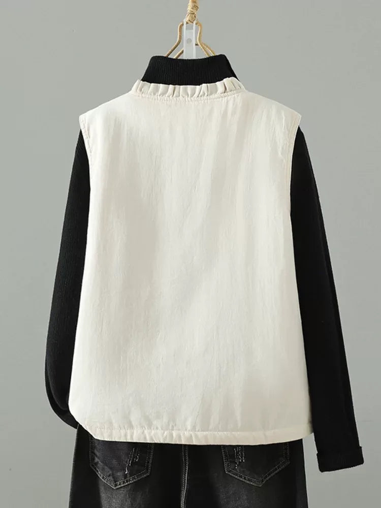 Embroidered Floral Vest with Ruffled Stand Collar