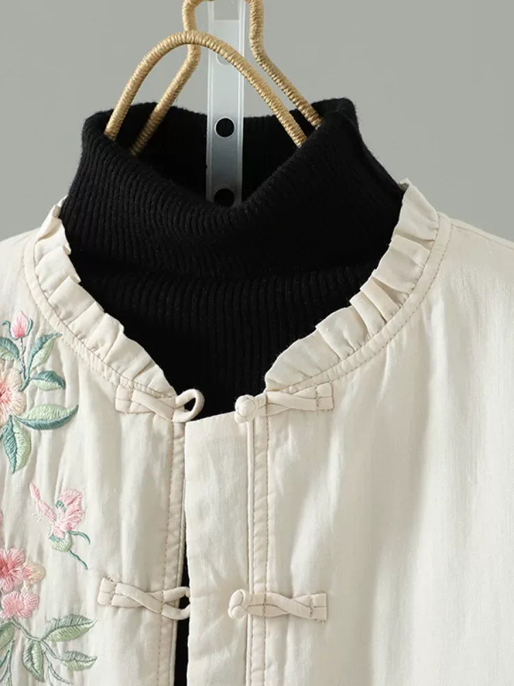 Embroidered Floral Vest with Ruffled Stand Collar