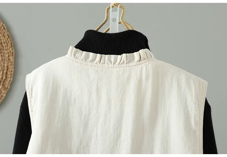Embroidered Floral Vest with Ruffled Stand Collar