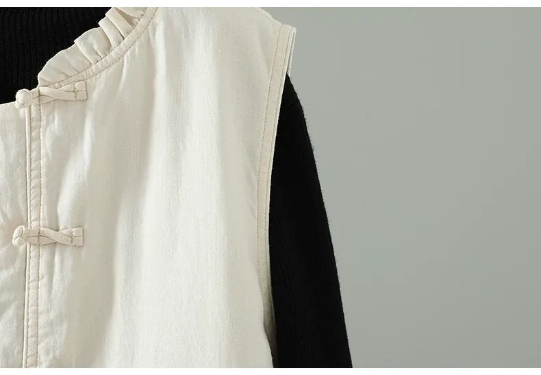 Embroidered Floral Vest with Ruffled Stand Collar