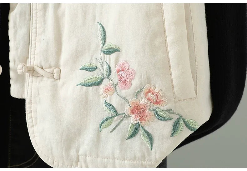 Embroidered Floral Vest with Ruffled Stand Collar