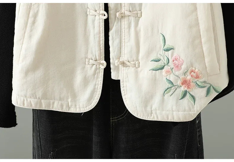 Embroidered Floral Vest with Ruffled Stand Collar