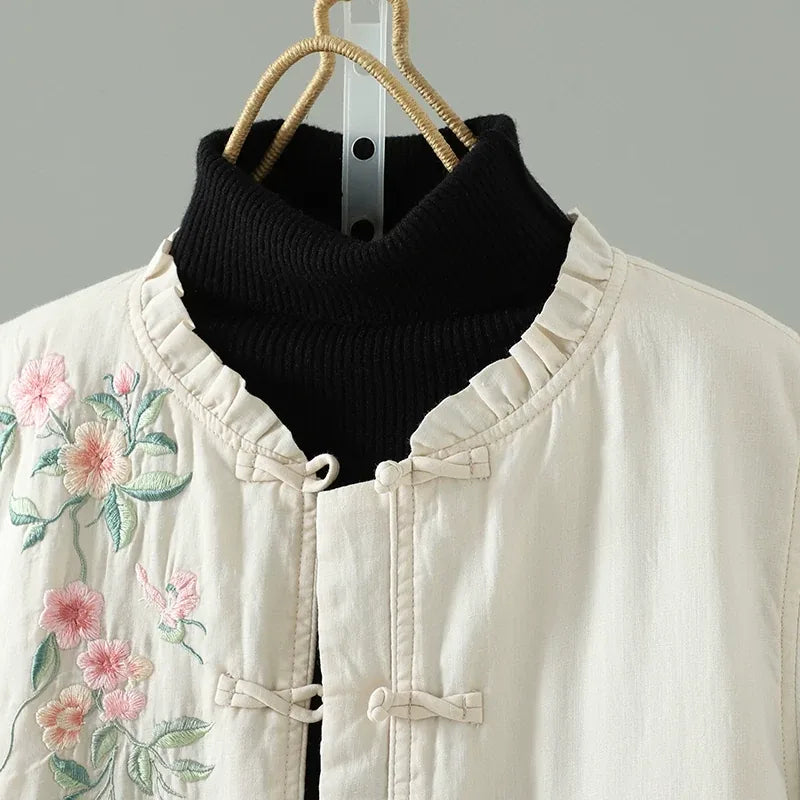 Embroidered Floral Vest with Ruffled Stand Collar