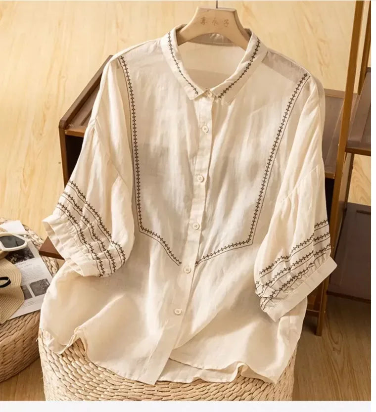 Embroidered Geometric Three Quarter Sleeve Shirt