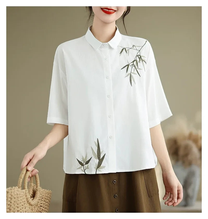 Embroidered Half Sleeve Shirt with Standard Collar - detail view
